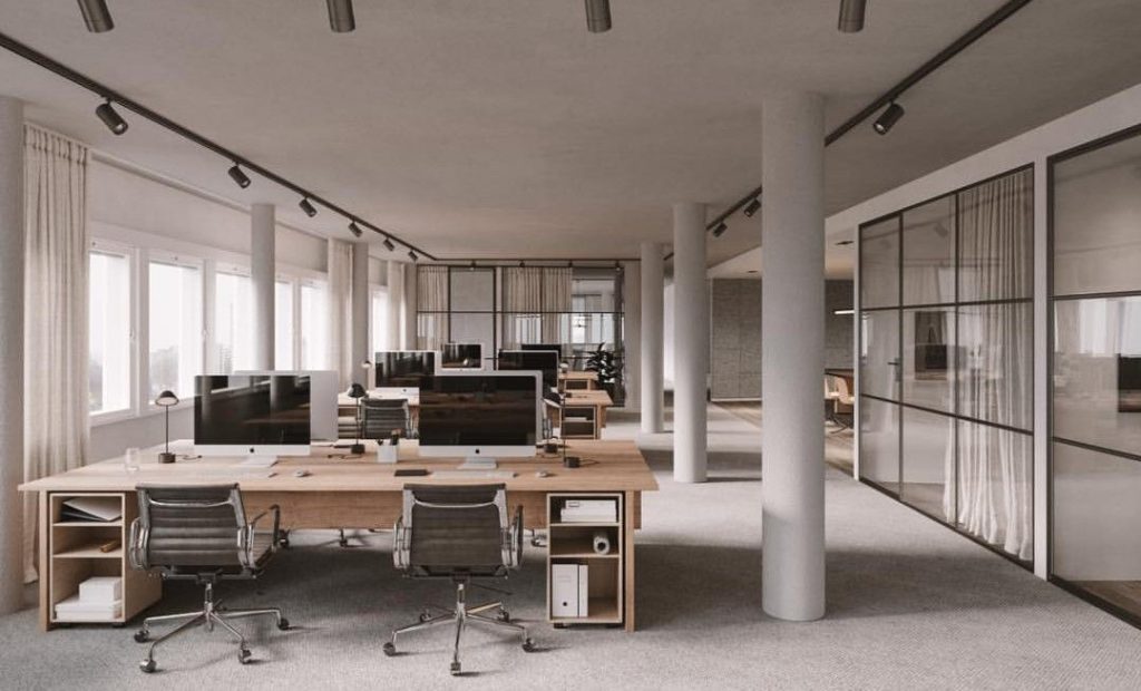 Small office design with smart space-saving furniture and modern layout